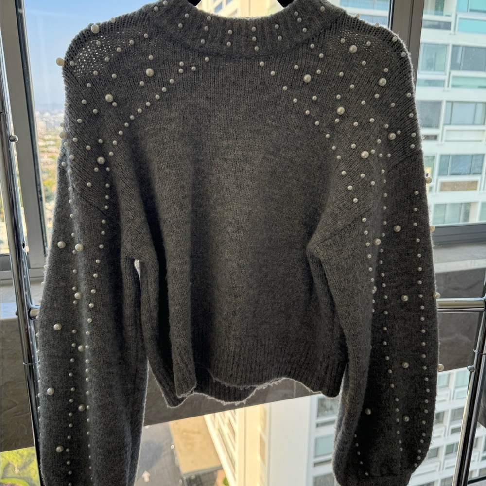 Pearl-Accent Charcoal Knit Turtleneck Sweater - Picture 1 of 3